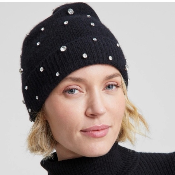 Charter Club Accessories - NEW Women's Charter Club Black Cashmere Embellished Beanie